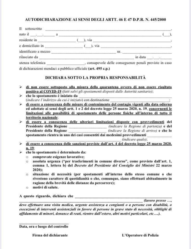 Coronavirus: NUOVA AUTODICHIARAZIONE allo spostamento | Versione 26/03/2020