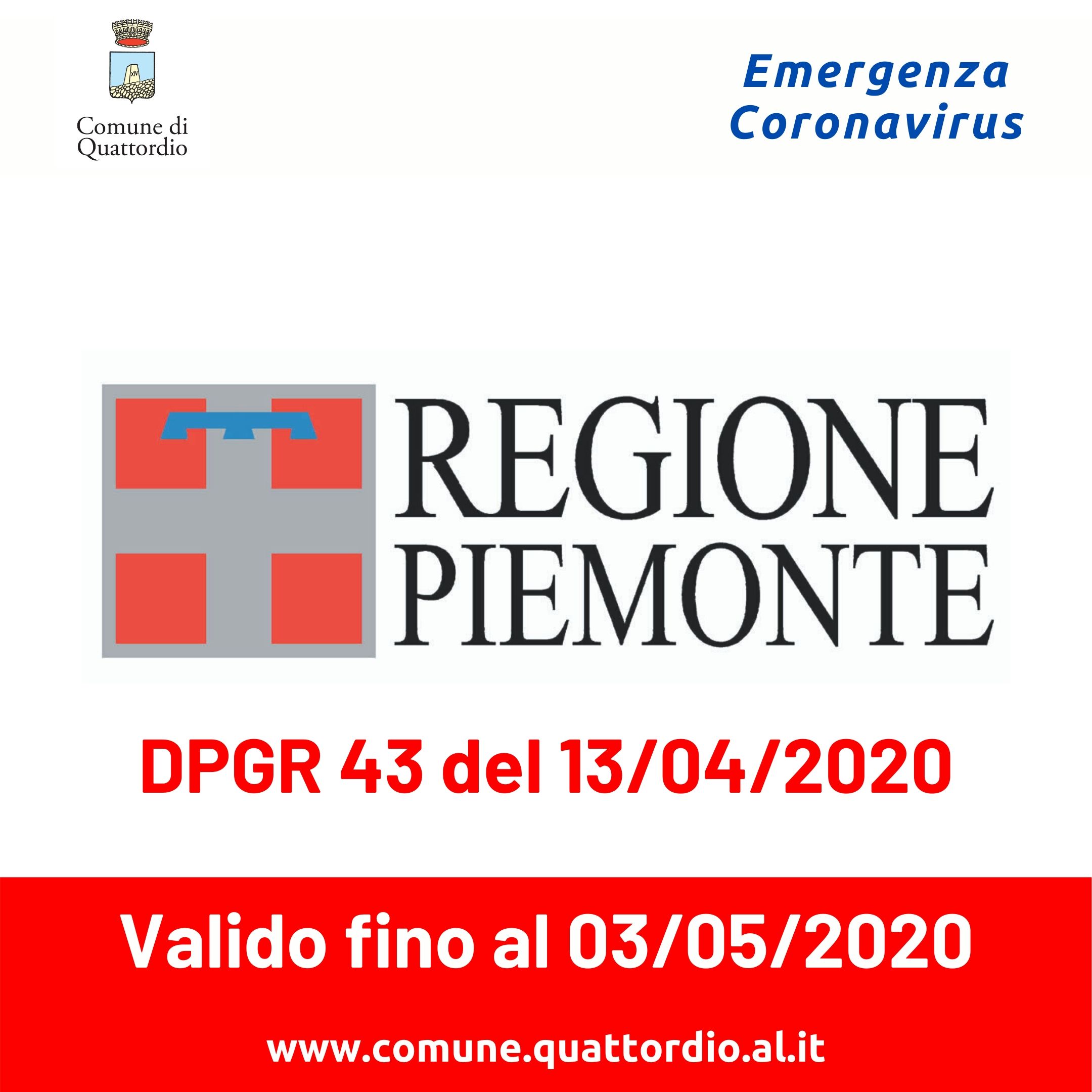 Coronavirus: Decreto Presidente Giunta Regione Piemonte 43/2020