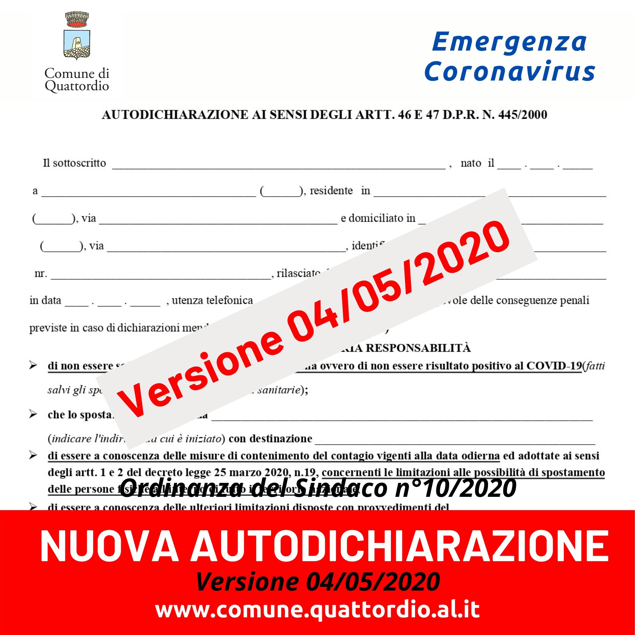 Coronavirus: NUOVA AUTODICHIARAZIONE allo spostamento | Versione 04/05/2020