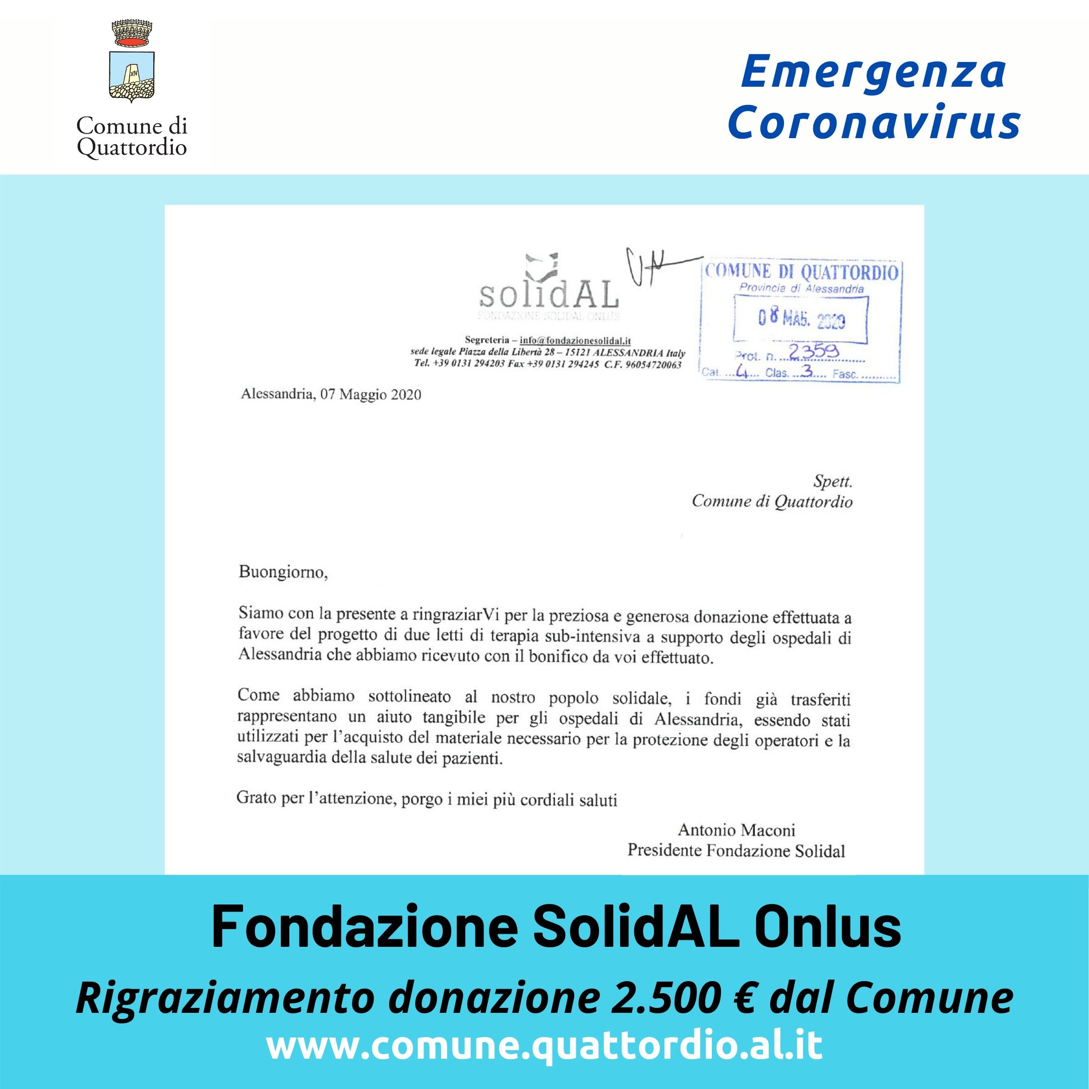 Coronavirus: Ringraziamento Fondazione SolidAL Onlus a Comune di Quattordio per donazione