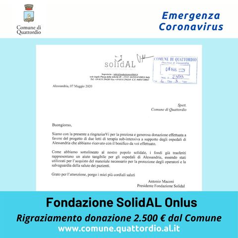 Coronavirus: Ringraziamento Fondazione SolidAL Onlus a Comune di Quattordio per donazione