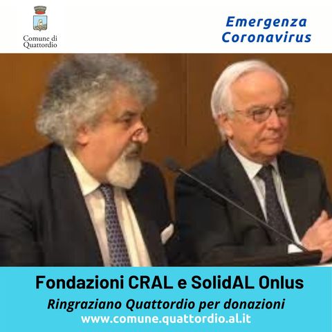 Coronavirus: Ringraziamento Fondazione Cassa di Risparmio Alessandria e Fondazione SolidAL Onlus a tutto Quattordio per donazione
