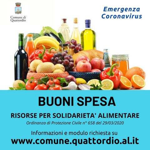 Coronavirus | RISORSE PER SOLIDARIETA' ALIMENTARE: modalità erogazione in base al D.L.154/2020 e all'ordinanza di Protezione Civile N° 658/2020. 