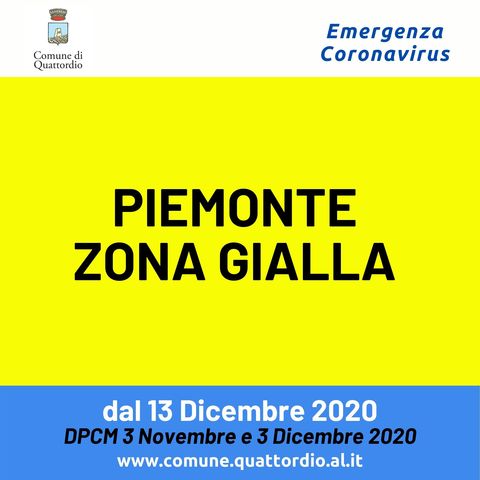 Coronavirus: Piemonte ZONA GIALLA dal 13/12/2020